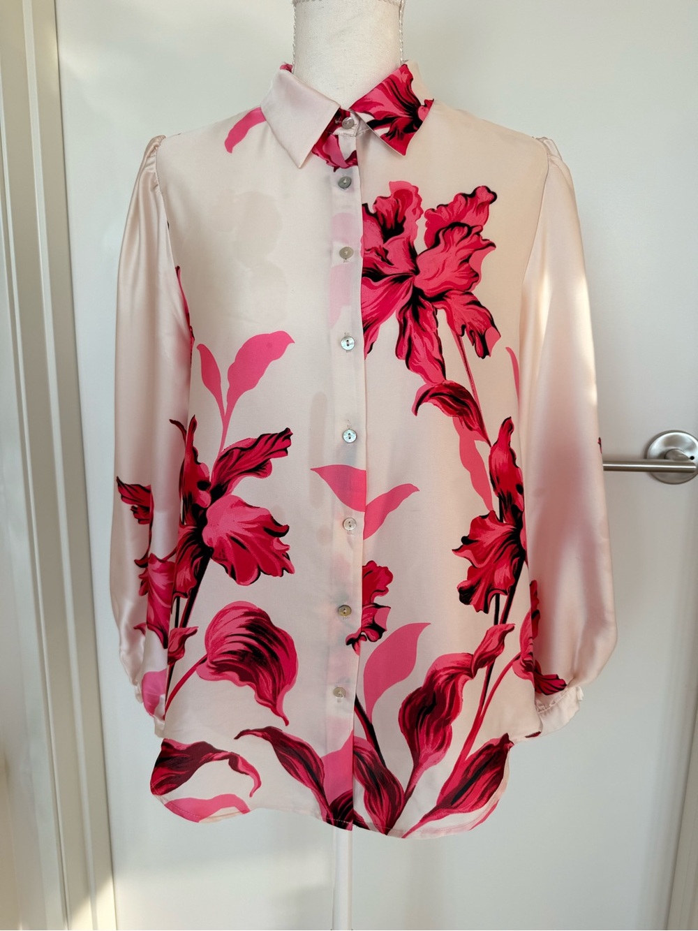Pink Satin  Floral Button-Up Blouse